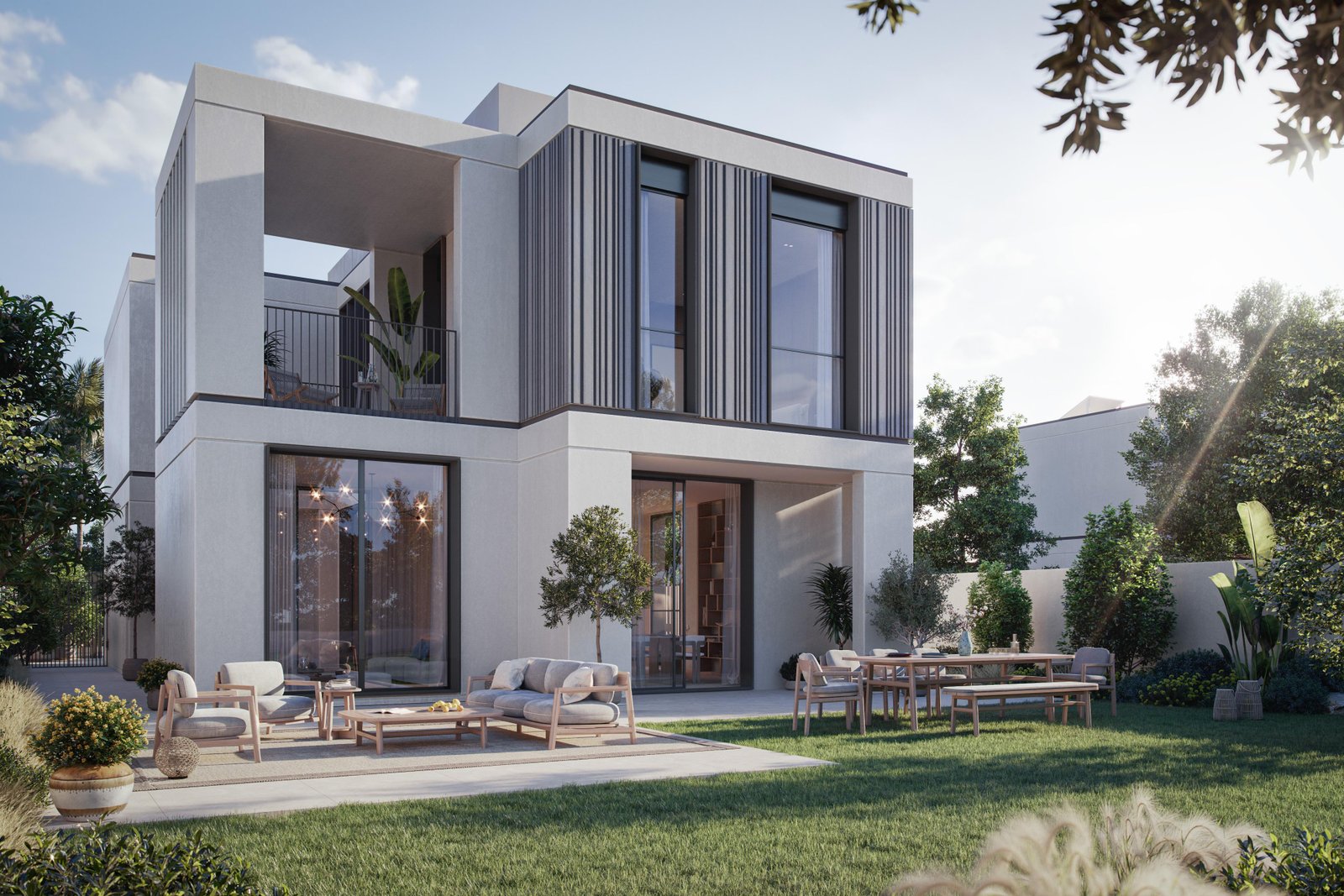 Beautifully landscaped walkways and elegant shaded plazas at Fay Hills Masdar City offering refined family-focused living within a tranquil eco-friendly environment.