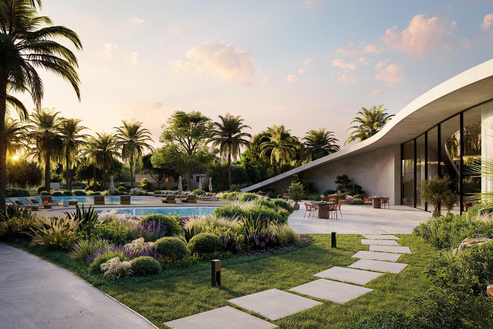 Peaceful reflection pools, meditation spaces, and wellness retreats at Fay Hills Abu Dhabi highlighting serene sustainable luxury living and contemporary architectural elegance.
